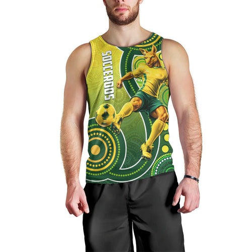 Personalized Australian Soccer Kangaroo Men Tank Top Aboriginal Dot Pattern Green Gold Football Player