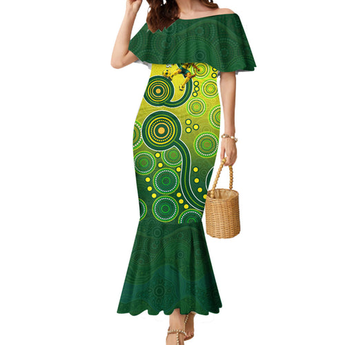 Personalized Australian Soccer Kangaroo Mermaid Dress Aboriginal Dot Pattern Green Gold Football Player