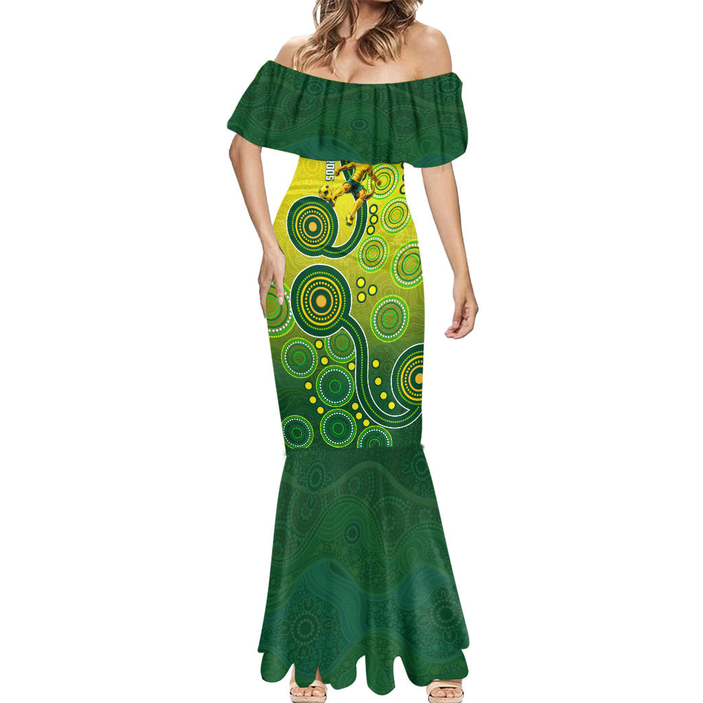 Personalized Australian Soccer Kangaroo Mermaid Dress Aboriginal Dot Pattern Green Gold Football Player