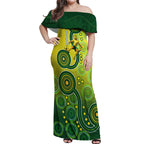 Personalized Australian Soccer Kangaroo Off Shoulder Maxi Dress Aboriginal Dot Pattern Green Gold Football Player