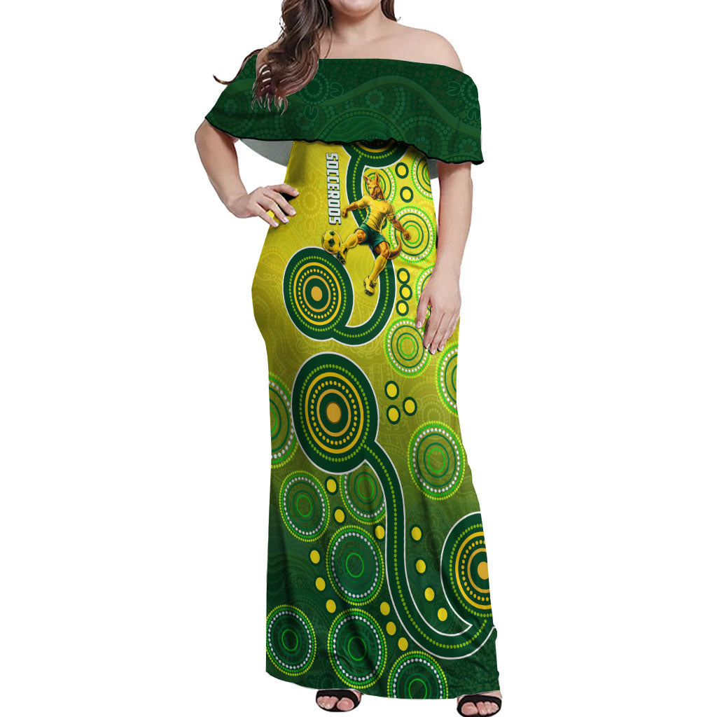 Personalized Australian Soccer Kangaroo Off Shoulder Maxi Dress Aboriginal Dot Pattern Green Gold Football Player