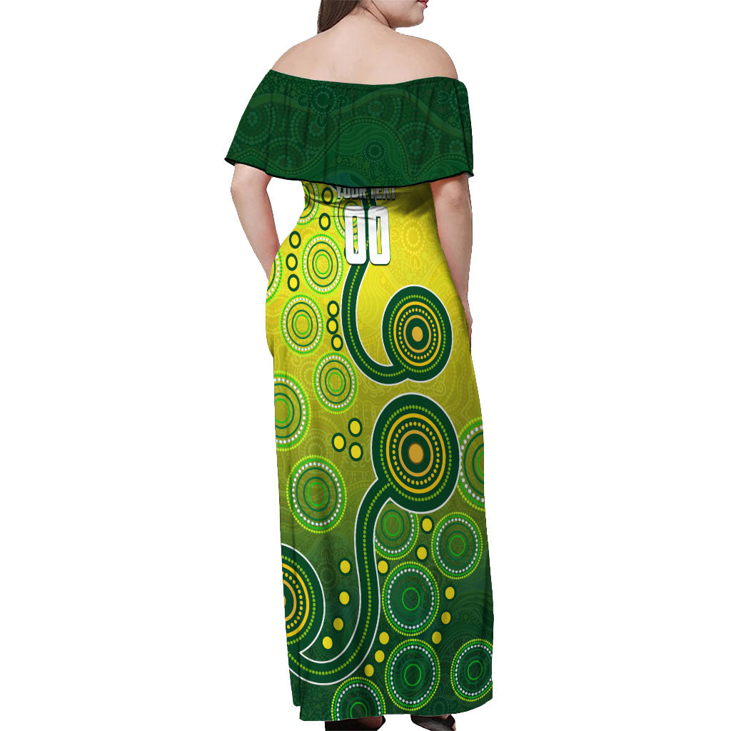 Personalized Australian Soccer Kangaroo Off Shoulder Maxi Dress Aboriginal Dot Pattern Green Gold Football Player