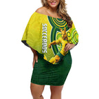 Personalized Australian Soccer Kangaroo Off Shoulder Short Dress Aboriginal Dot Pattern Green Gold Football Player