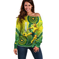 Personalized Australian Soccer Kangaroo Off Shoulder Sweater Aboriginal Dot Pattern Green Gold Football Player