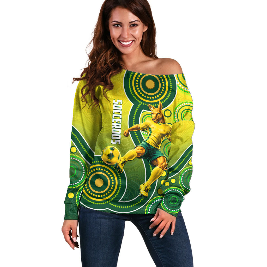 Personalized Australian Soccer Kangaroo Off Shoulder Sweater Aboriginal Dot Pattern Green Gold Football Player