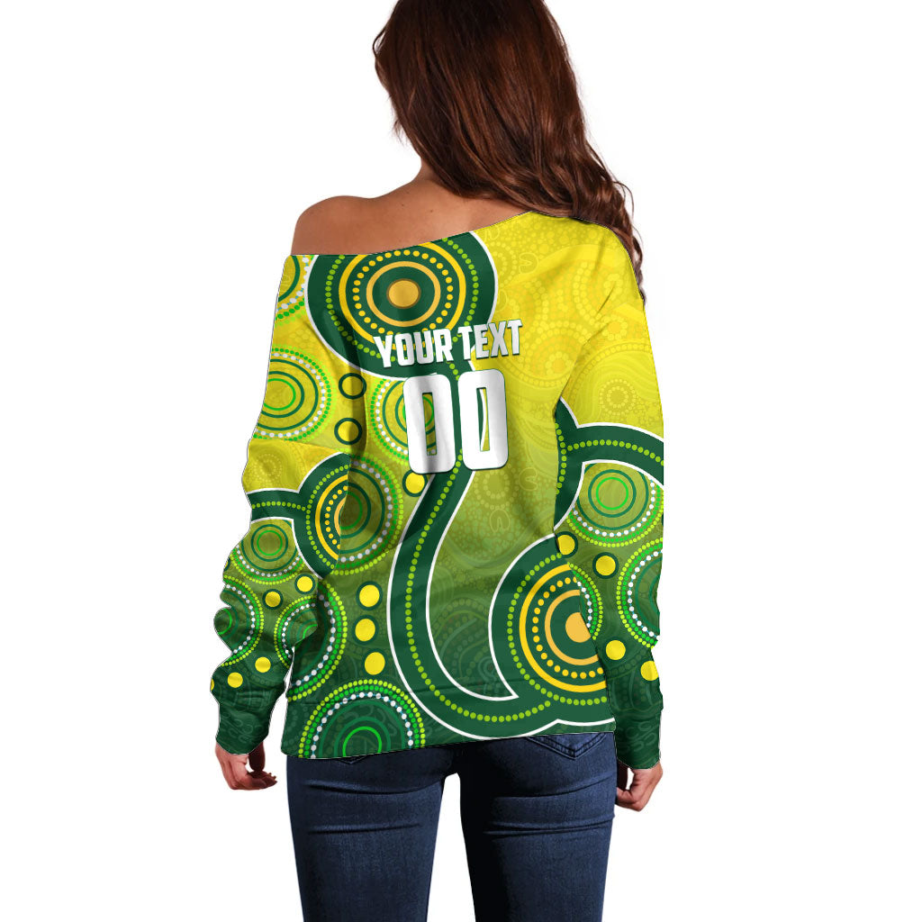 Personalized Australian Soccer Kangaroo Off Shoulder Sweater Aboriginal Dot Pattern Green Gold Football Player