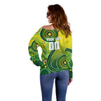 Personalized Australian Soccer Kangaroo Off Shoulder Sweater Aboriginal Dot Pattern Green Gold Football Player