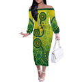Personalized Australian Soccer Kangaroo Off The Shoulder Long Sleeve Dress Aboriginal Dot Pattern Green Gold Football Player