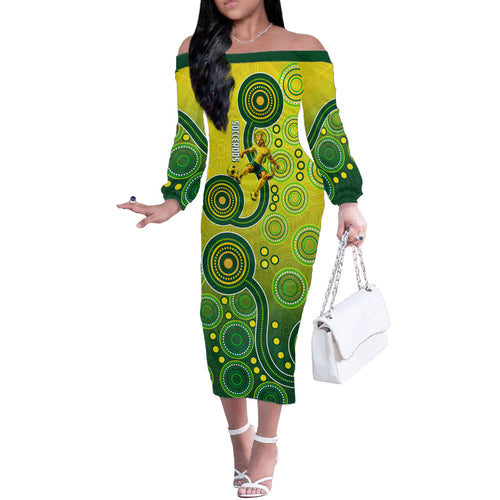 Personalized Australian Soccer Kangaroo Off The Shoulder Long Sleeve Dress Aboriginal Dot Pattern Green Gold Football Player