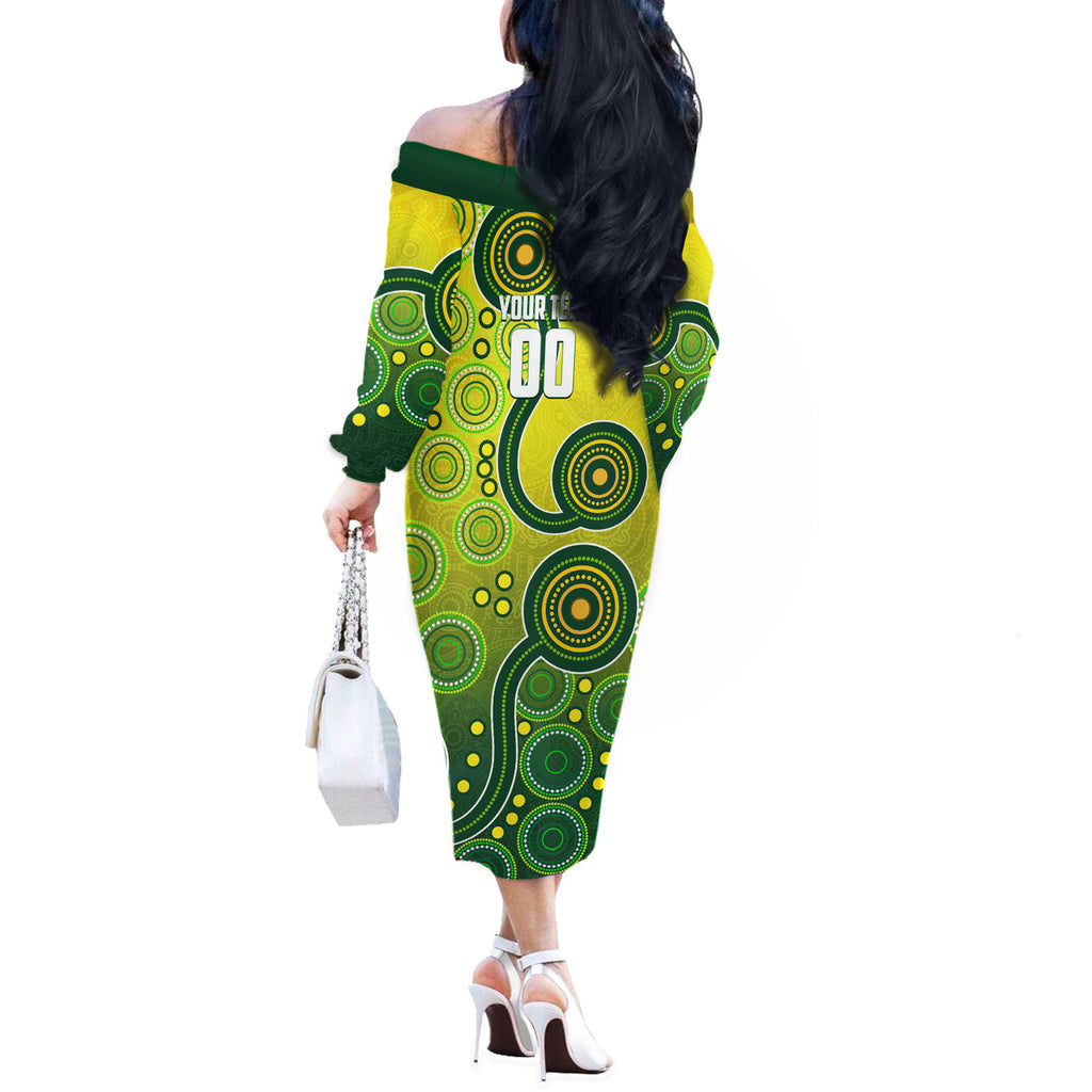 Personalized Australian Soccer Kangaroo Off The Shoulder Long Sleeve Dress Aboriginal Dot Pattern Green Gold Football Player
