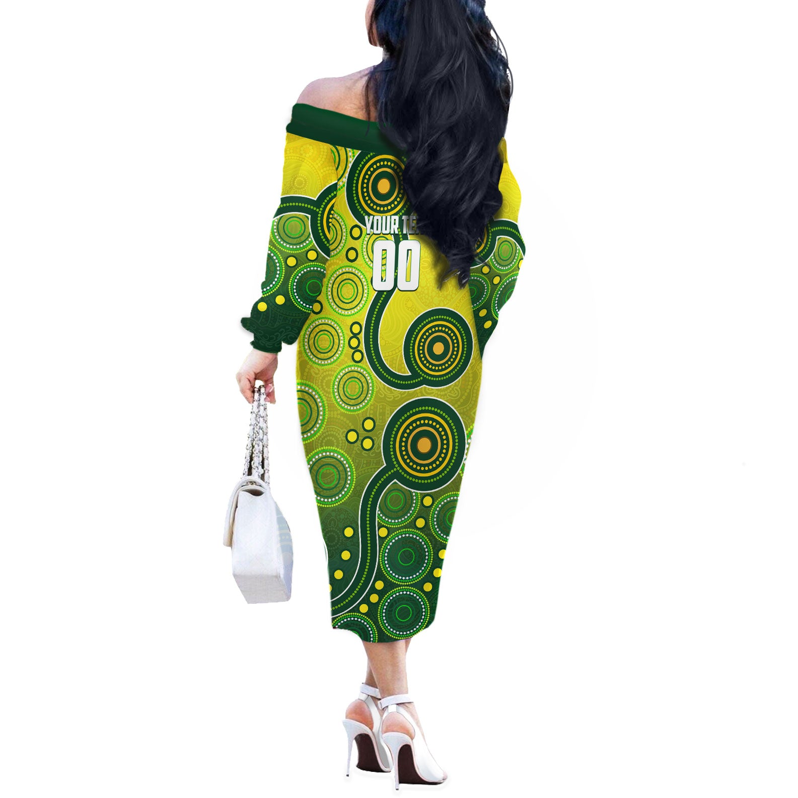 Personalized Australian Soccer Kangaroo Off The Shoulder Long Sleeve Dress Aboriginal Dot Pattern Green Gold Football Player