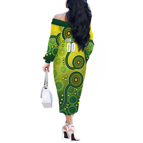 Personalized Australian Soccer Kangaroo Off The Shoulder Long Sleeve Dress Aboriginal Dot Pattern Green Gold Football Player