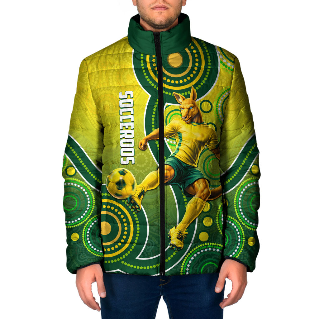 Personalized Australian Soccer Kangaroo Padded Jacket Aboriginal Dot Pattern Green Gold Football Player