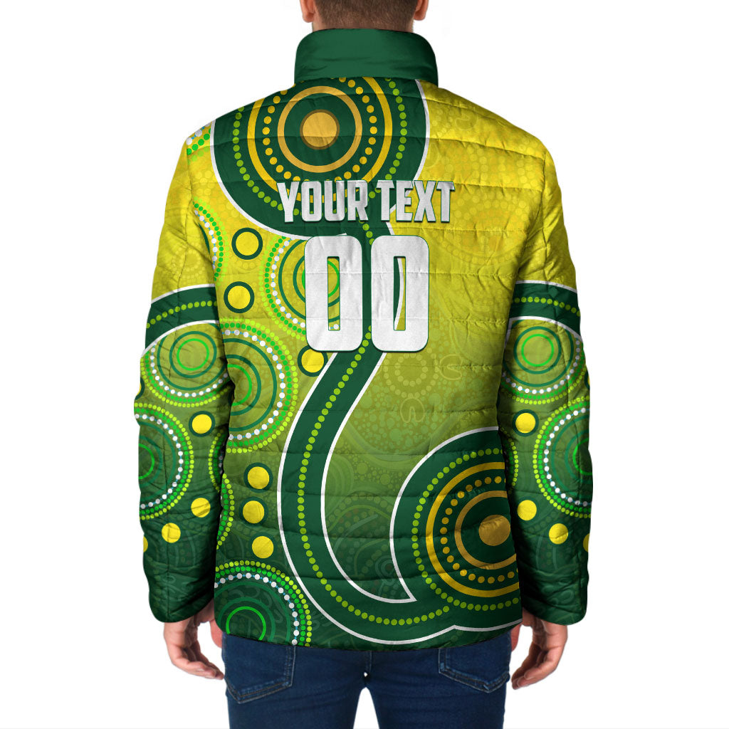 Personalized Australian Soccer Kangaroo Padded Jacket Aboriginal Dot Pattern Green Gold Football Player