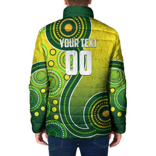 Personalized Australian Soccer Kangaroo Padded Jacket Aboriginal Dot Pattern Green Gold Football Player