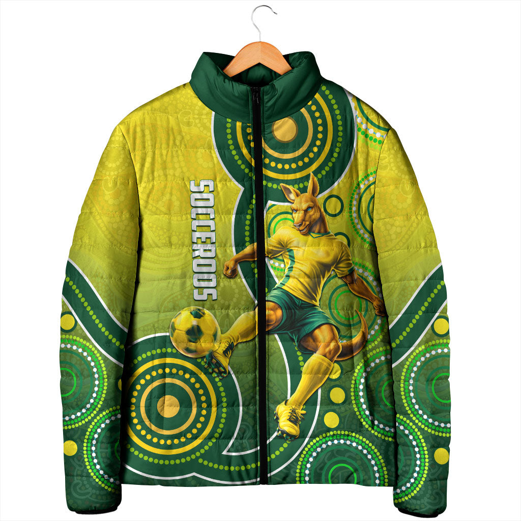 Personalized Australian Soccer Kangaroo Padded Jacket Aboriginal Dot Pattern Green Gold Football Player