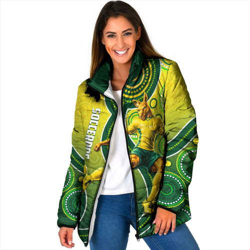 Personalized Australian Soccer Kangaroo Padded Jacket Aboriginal Dot Pattern Green Gold Football Player