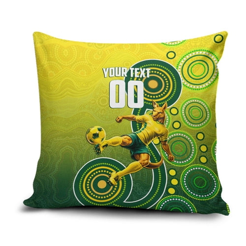 Personalized Australian Soccer Kangaroo Pillow Cover Aboriginal Dot Pattern Green Gold Football Player