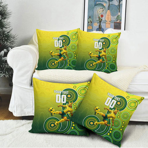 Personalized Australian Soccer Kangaroo Pillow Cover Aboriginal Dot Pattern Green Gold Football Player