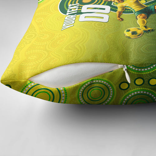 Personalized Australian Soccer Kangaroo Pillow Cover Aboriginal Dot Pattern Green Gold Football Player