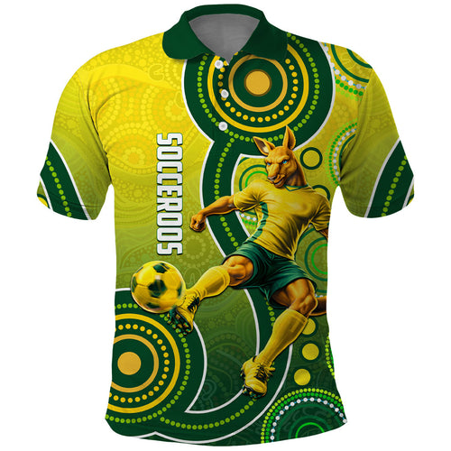 Personalized Australian Soccer Kangaroo Polo Shirt Aboriginal Dot Pattern Green Gold Football Player