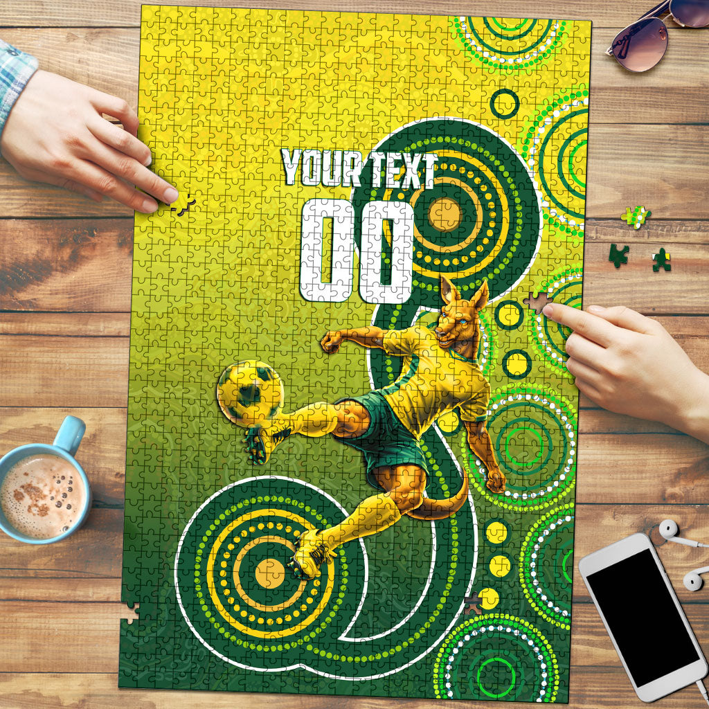 Personalized Australian Soccer Kangaroo Puzzle Aboriginal Dot Pattern Green Gold Football Player
