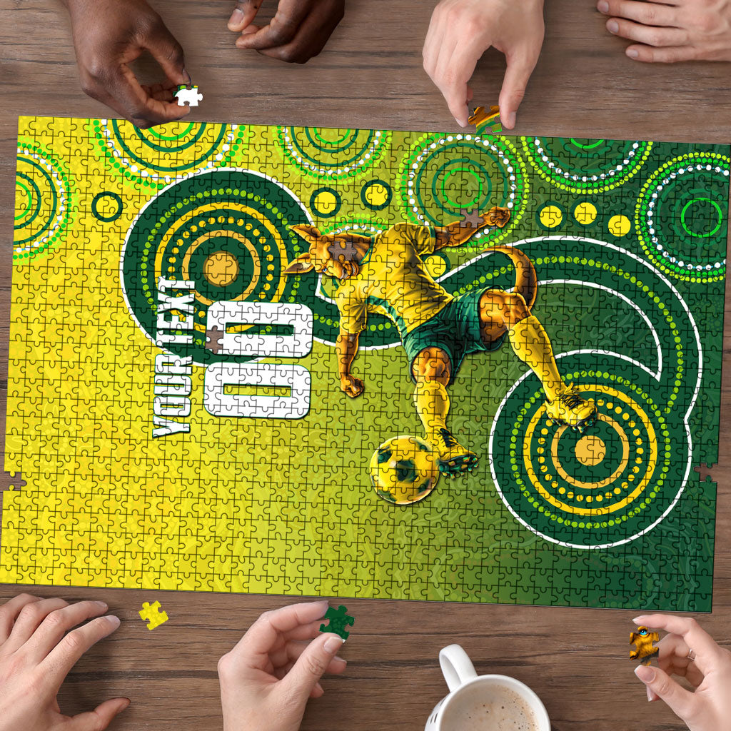 Personalized Australian Soccer Kangaroo Puzzle Aboriginal Dot Pattern Green Gold Football Player