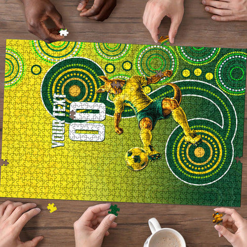 Personalized Australian Soccer Kangaroo Puzzle Aboriginal Dot Pattern Green Gold Football Player
