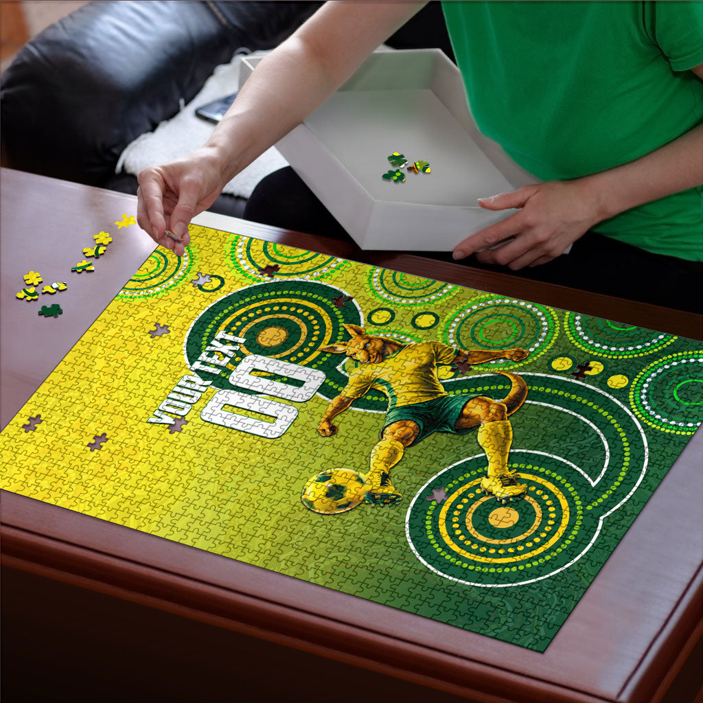 Personalized Australian Soccer Kangaroo Puzzle Aboriginal Dot Pattern Green Gold Football Player