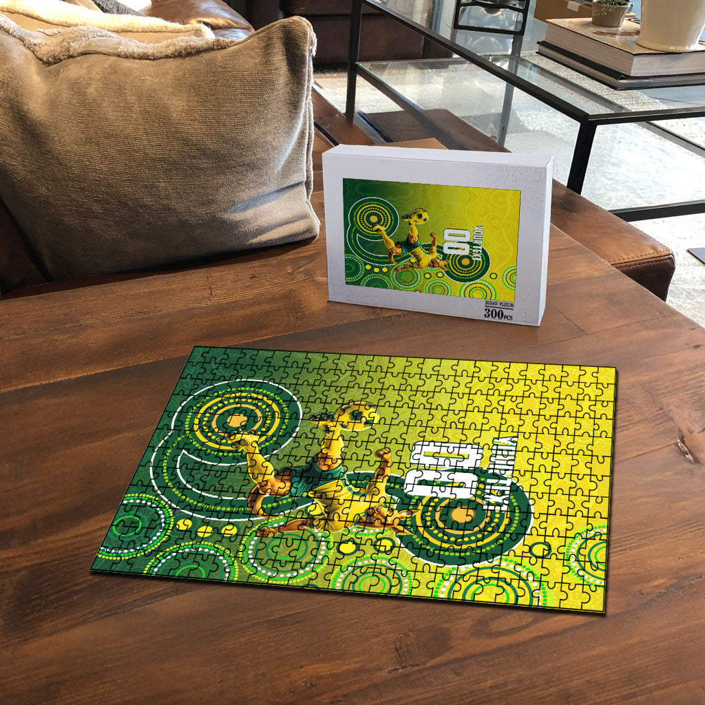 Personalized Australian Soccer Kangaroo Puzzle Aboriginal Dot Pattern Green Gold Football Player