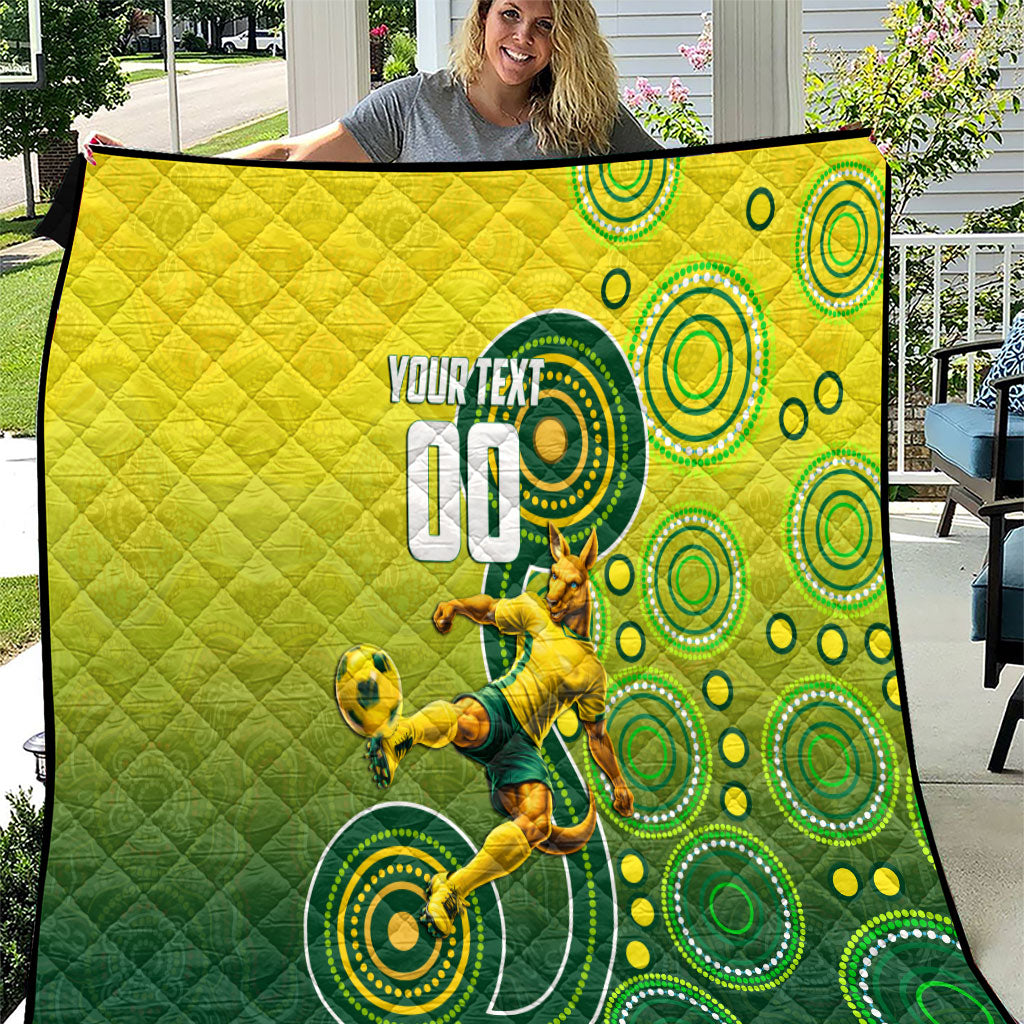 Personalized Australian Soccer Kangaroo Quilt Aboriginal Dot Pattern Green Gold Football Player