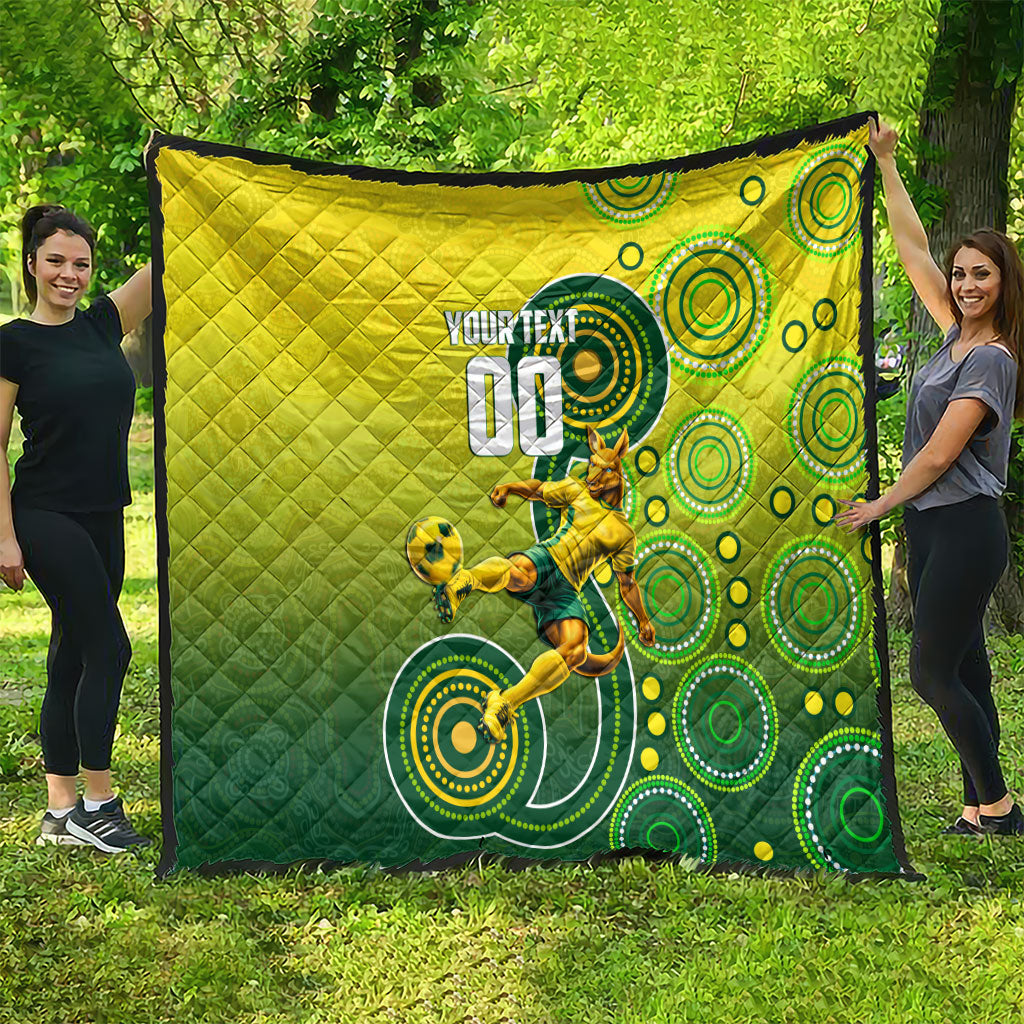 Personalized Australian Soccer Kangaroo Quilt Aboriginal Dot Pattern Green Gold Football Player