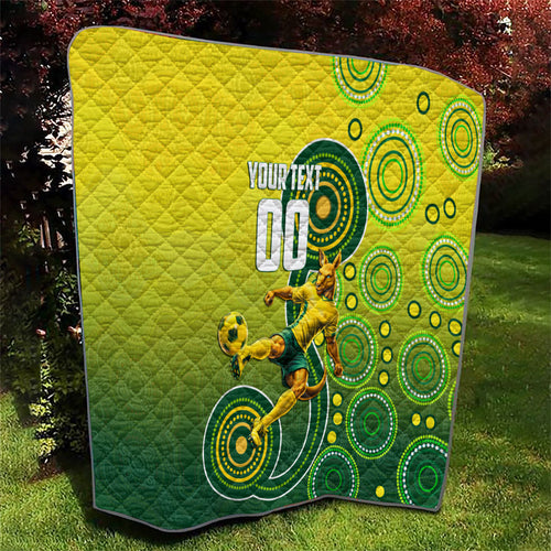 Personalized Australian Soccer Kangaroo Quilt Aboriginal Dot Pattern Green Gold Football Player