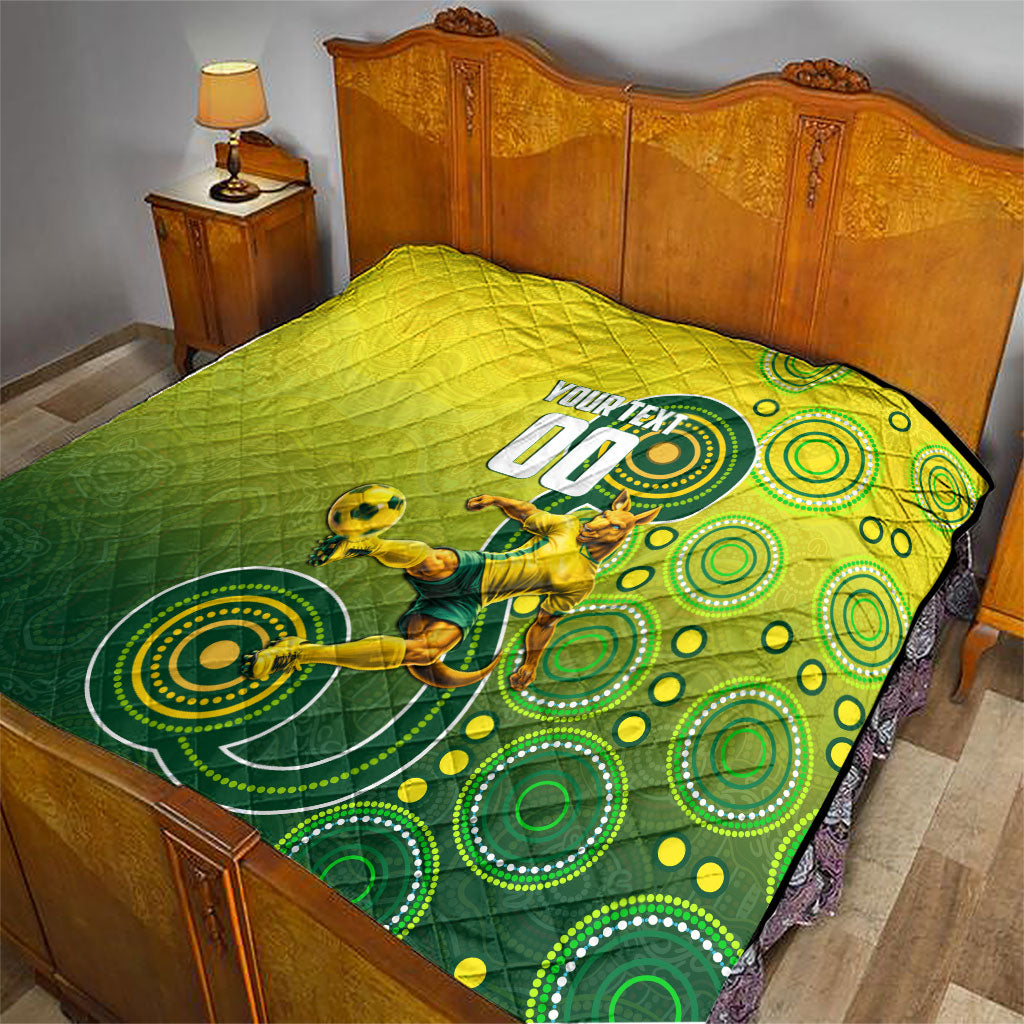 Personalized Australian Soccer Kangaroo Quilt Aboriginal Dot Pattern Green Gold Football Player