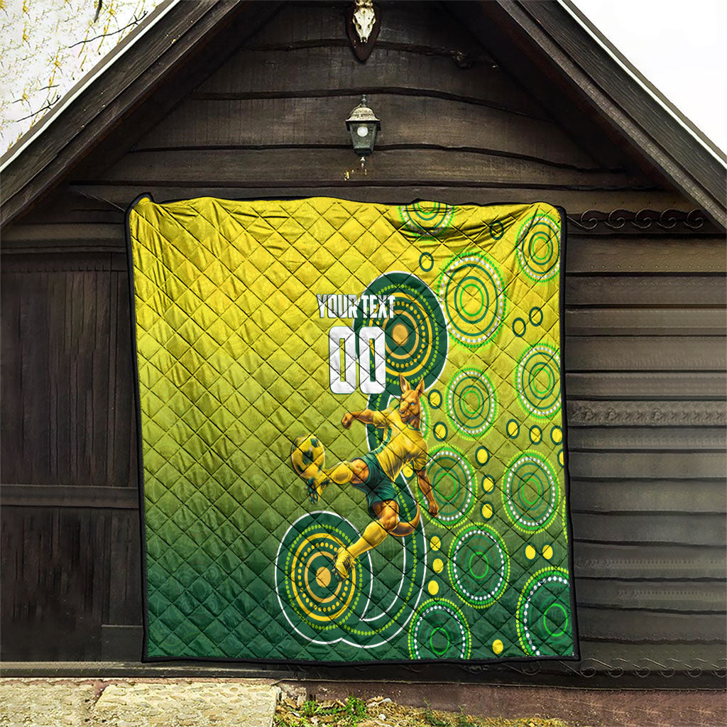 Personalized Australian Soccer Kangaroo Quilt Aboriginal Dot Pattern Green Gold Football Player