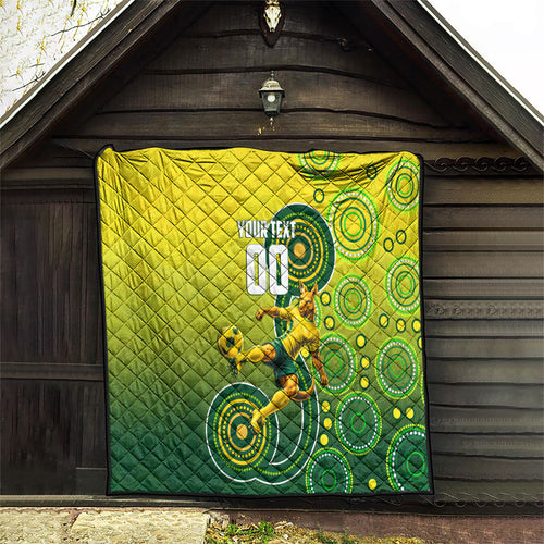 Personalized Australian Soccer Kangaroo Quilt Aboriginal Dot Pattern Green Gold Football Player