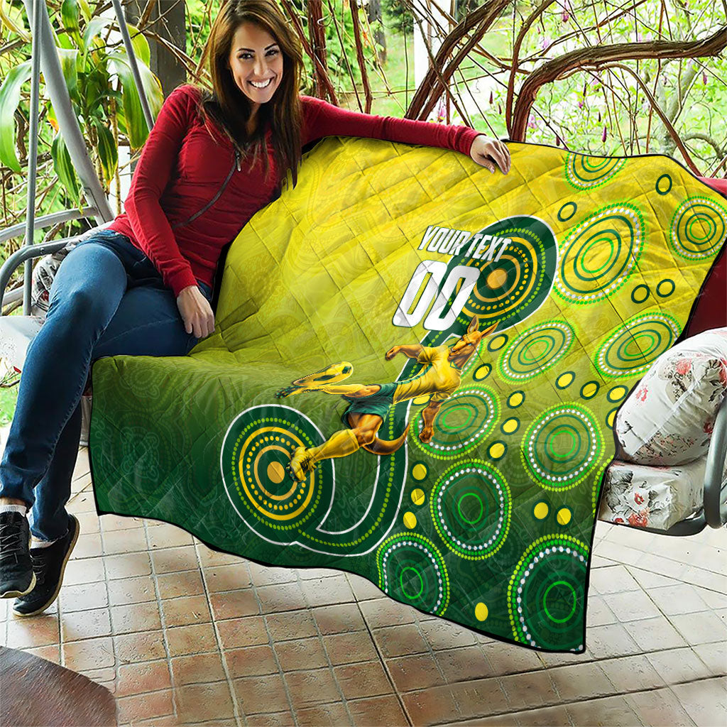 Personalized Australian Soccer Kangaroo Quilt Aboriginal Dot Pattern Green Gold Football Player