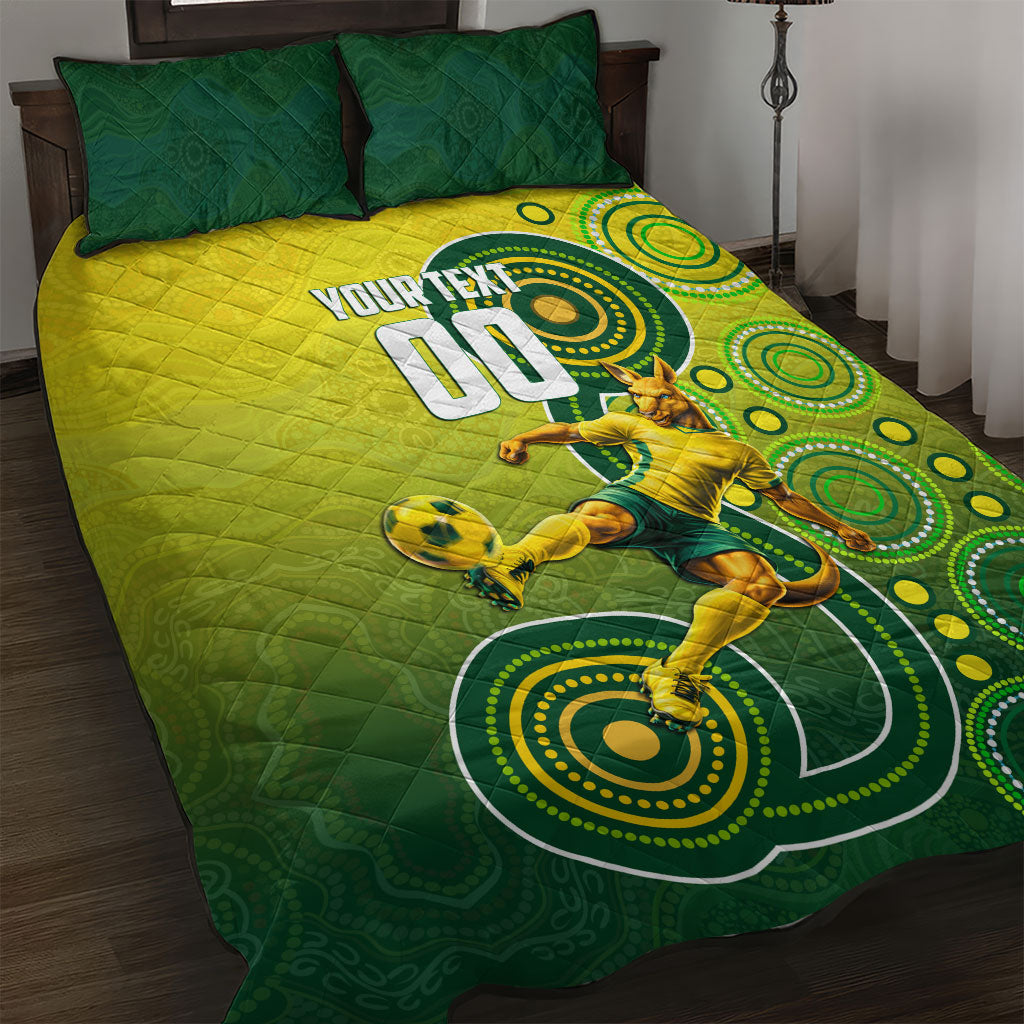 Personalized Australian Soccer Kangaroo Quilt Bed Set Aboriginal Dot Pattern Green Gold Football Player