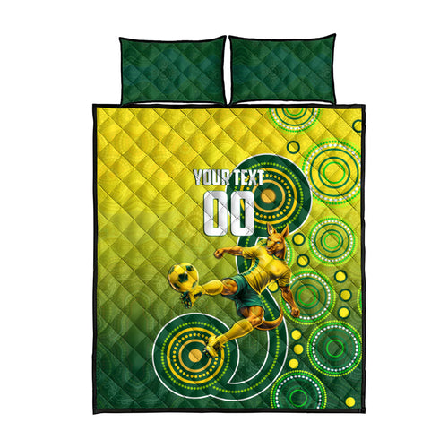 Personalized Australian Soccer Kangaroo Quilt Bed Set Aboriginal Dot Pattern Green Gold Football Player