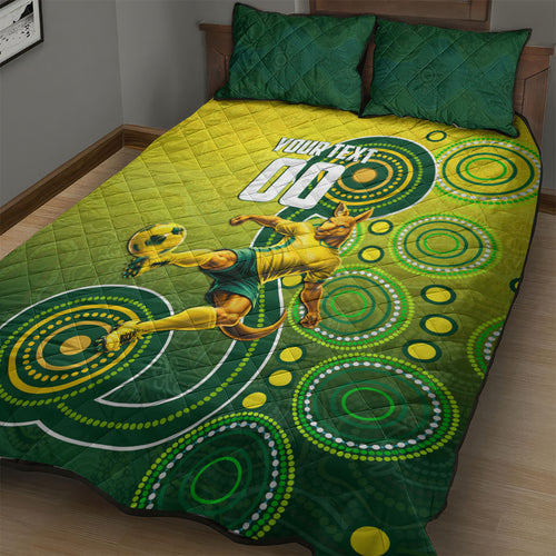 Personalized Australian Soccer Kangaroo Quilt Bed Set Aboriginal Dot Pattern Green Gold Football Player