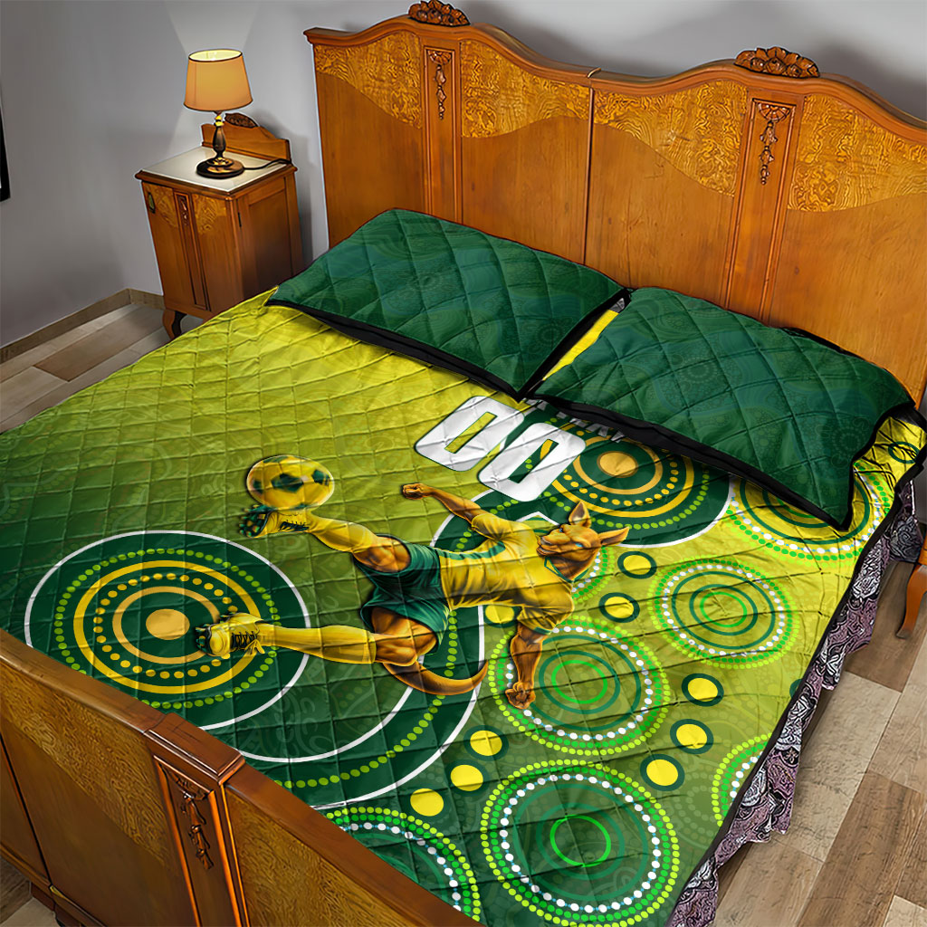 Personalized Australian Soccer Kangaroo Quilt Bed Set Aboriginal Dot Pattern Green Gold Football Player
