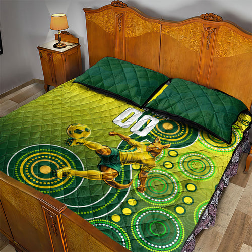 Personalized Australian Soccer Kangaroo Quilt Bed Set Aboriginal Dot Pattern Green Gold Football Player