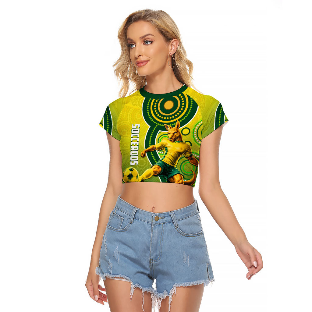 Personalized Australian Soccer Kangaroo Raglan Cropped T Shirt Aboriginal Dot Pattern Green Gold Football Player