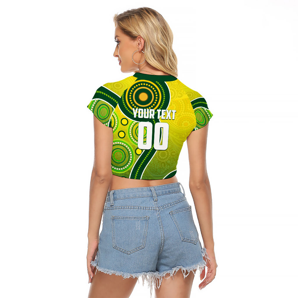 Personalized Australian Soccer Kangaroo Raglan Cropped T Shirt Aboriginal Dot Pattern Green Gold Football Player