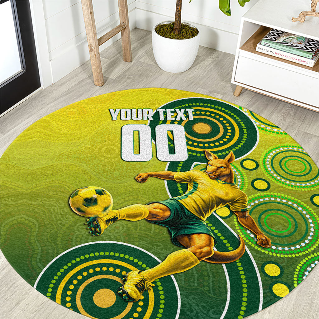 Personalized Australian Soccer Kangaroo Round Carpet Aboriginal Dot Pattern Green Gold Football Player