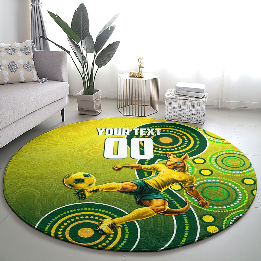 Personalized Australian Soccer Kangaroo Round Carpet Aboriginal Dot Pattern Green Gold Football Player
