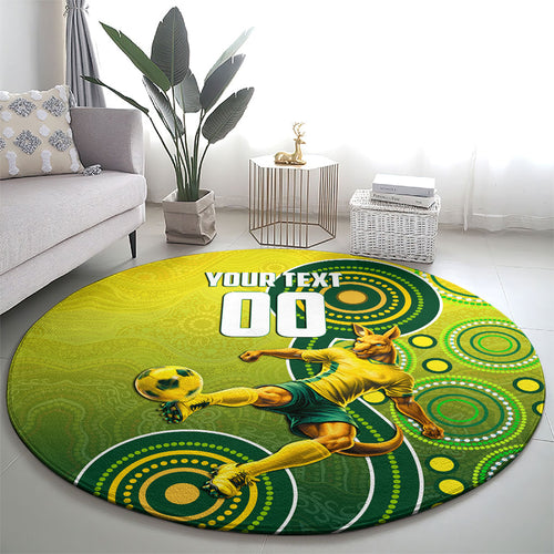 Personalized Australian Soccer Kangaroo Round Carpet Aboriginal Dot Pattern Green Gold Football Player