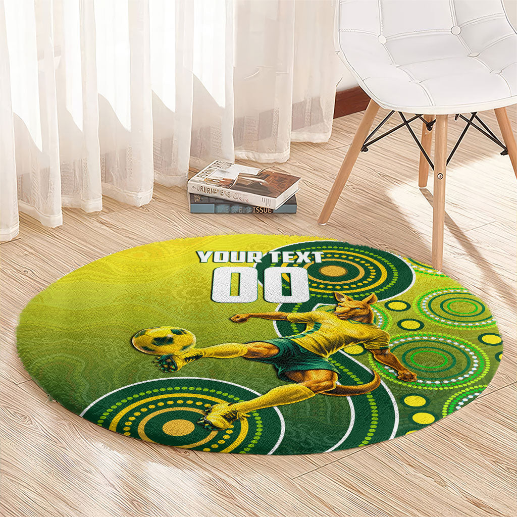 Personalized Australian Soccer Kangaroo Round Carpet Aboriginal Dot Pattern Green Gold Football Player