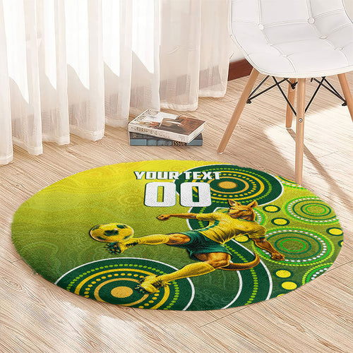 Personalized Australian Soccer Kangaroo Round Carpet Aboriginal Dot Pattern Green Gold Football Player