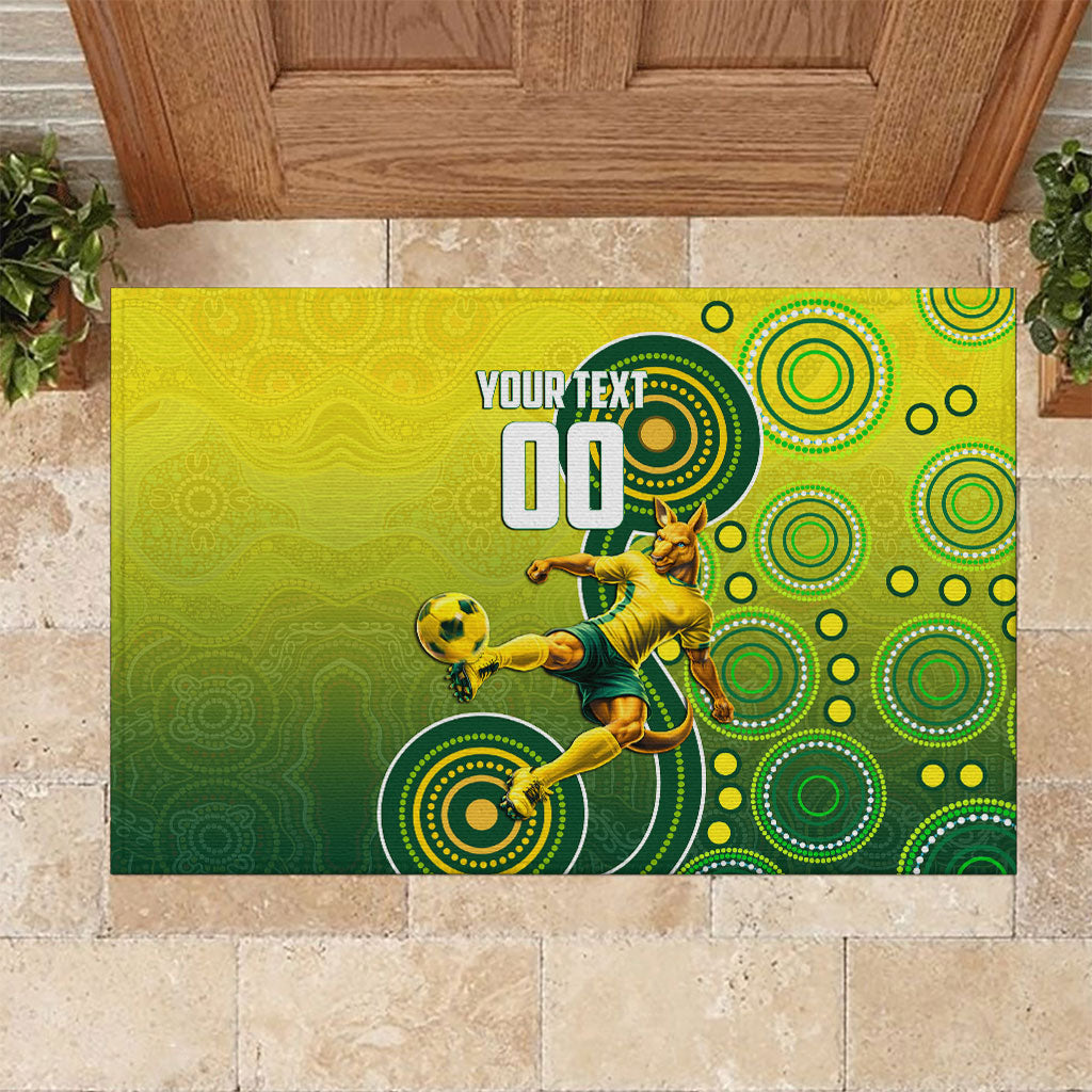 Personalized Australian Soccer Kangaroo Rubber Doormat Aboriginal Dot Pattern Green Gold Football Player
